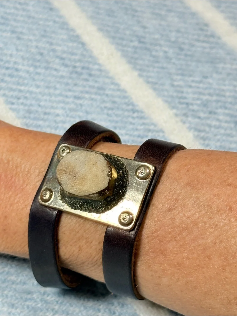 Double-Wrap Brown Leather Bracelet with Central Stone Accent